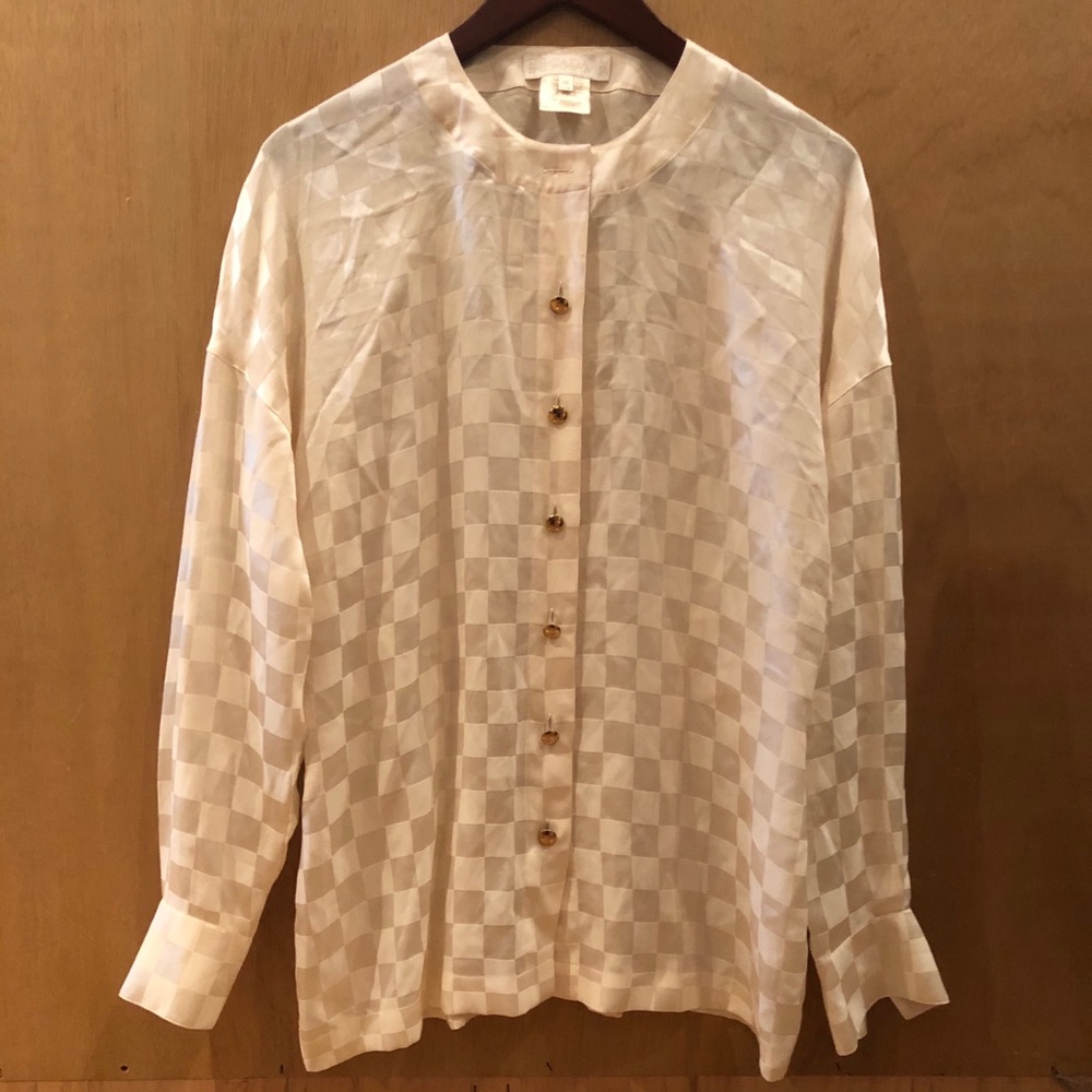 Vintage Escada Checkered Cream Silk Blouse Medium